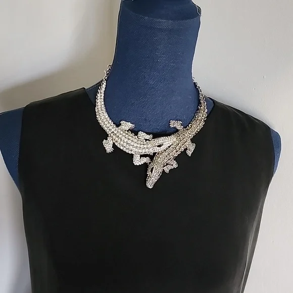 Large Statement Silver with Cubic Zirconia Crystals Double Alligator Necklace - Picture 9 of 9